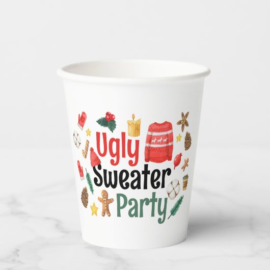 Feestelijke Lelijke Sweater Party Waterverf Papieren Bekers (Voorkant)