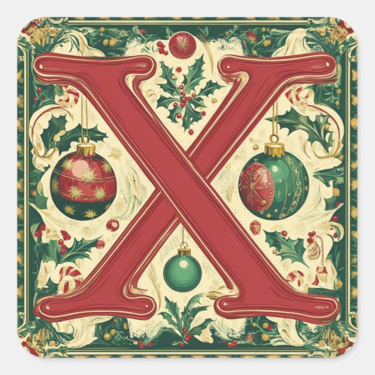 Feestelijke letter X: rood, groen, gouden Kerstmis Vierkante Sticker (Voorkant)
