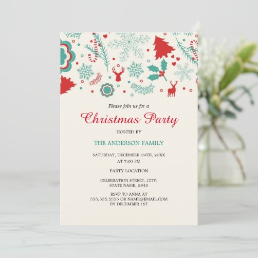 Feestelijke Leuke Groene Rode Kerstfeest Uitnodigi Kaart (Staand voorkant)