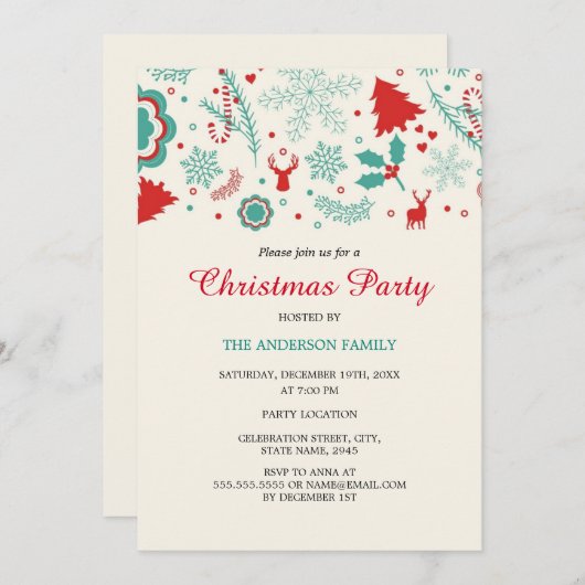 Feestelijke Leuke Groene Rode Kerstfeest Uitnodigi Kaart (Voorkant / Achterkant)