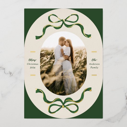 Feestelijke linten & bogen Groen Echt Goud Ovaal F Folie Feestdagenkaart (Voorkant)