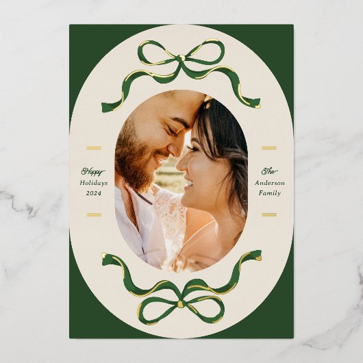 Feestelijke linten & bogen Groen Echt Goud Ovaal F Folie Feestdagenkaart (Voorkant)