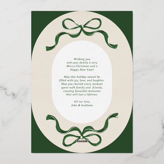 Feestelijke linten & bogen Groen Echt Goud Ovaal F Folie Feestdagenkaart (Achterkant)