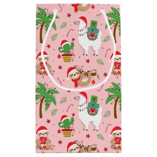 Feestelijke luiaards en lama's vakantiepatroon klein cadeauzakje (Achterkant)