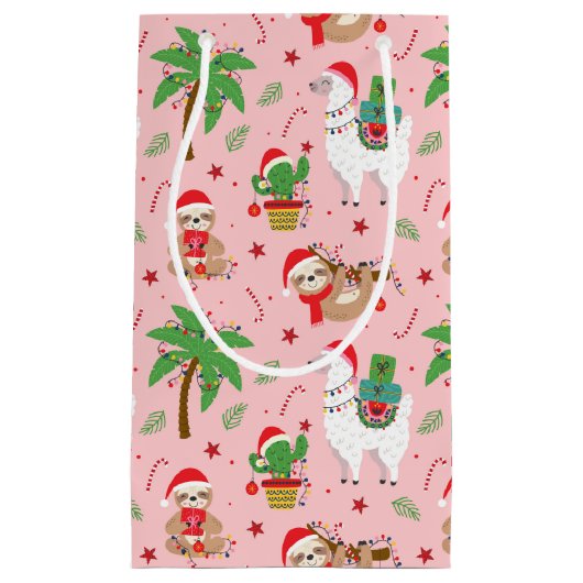 Feestelijke luiaards en lama's vakantiepatroon klein cadeauzakje (Voorkant)