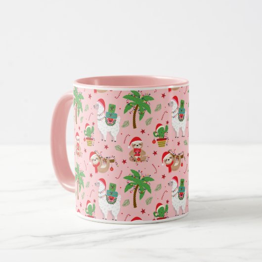 Feestelijke luiaards en lama's vakantiepatroon mok (Voorkant links)