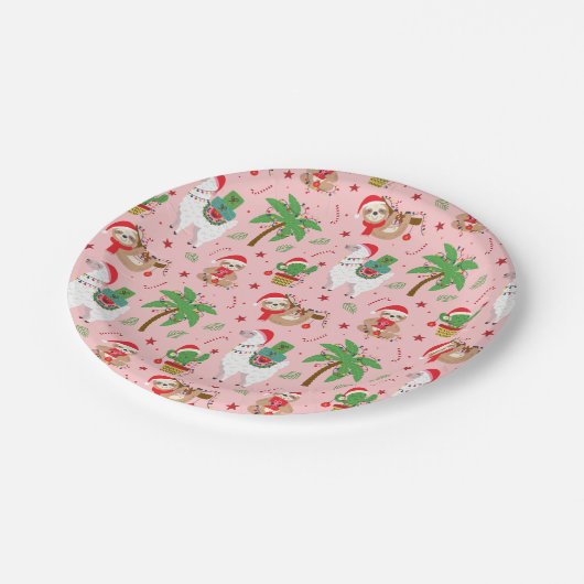 Feestelijke luiaards en lama's vakantiepatroon papieren bordje (Gekanteld)