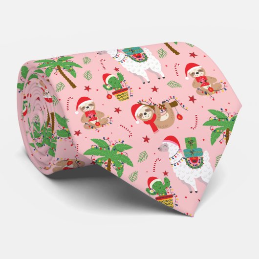 Feestelijke luiaards en lama's vakantiepatroon stropdas (Opgerold)