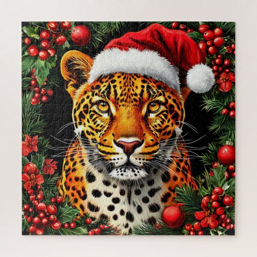 Feestelijke Luipaard met Kerstman Hoed Legpuzzel (Verticaal)