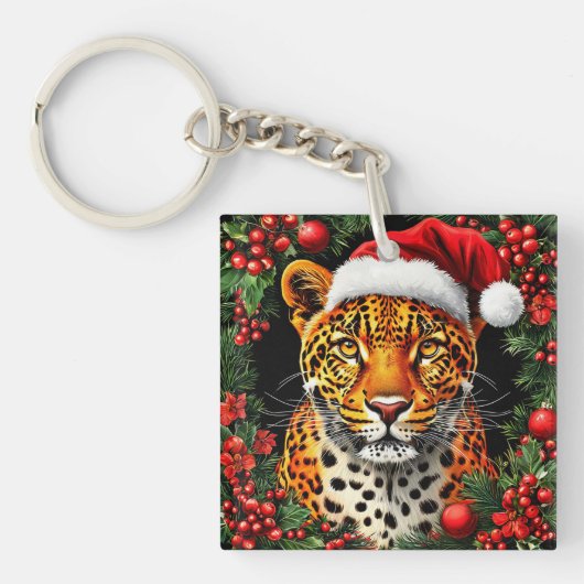 Feestelijke Luipaard met Kerstman Hoed Sleutelhanger (Voorkant)