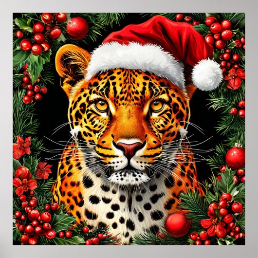 Feestelijke Luipaard met Kerstmanhoed Poster (Voorkant)