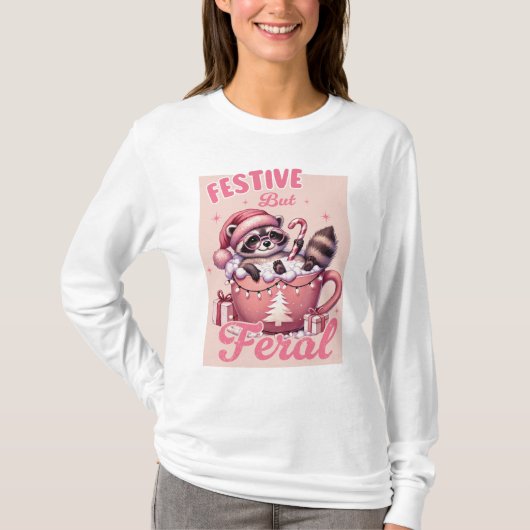 Feestelijke maar wilde wasbeer roze kerst t-shirt (Voorkant)