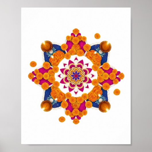 Feestelijke Marigold & Diya Rangoli Muurkunst Poster (Voorkant)