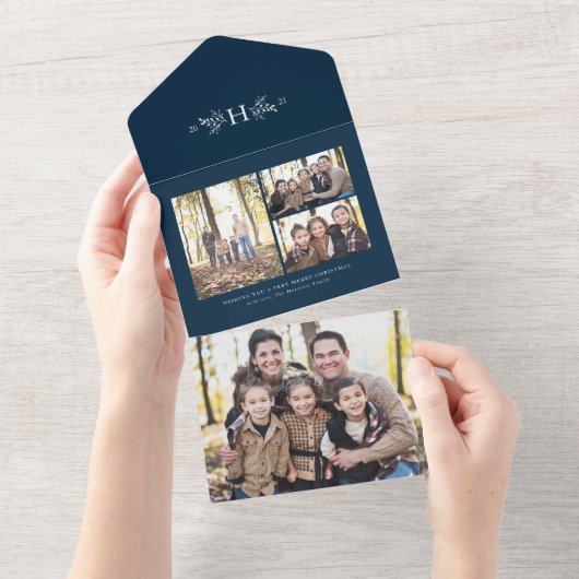 Feestelijke marine monogram vakantie fotocollage all in one uitnodiging (Afscheurbaar)