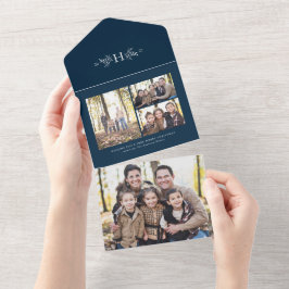 Feestelijke marine monogram vakantie fotocollage all in one uitnodiging