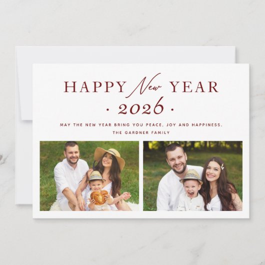 Feestelijke Maroon Red 205 Gelukkig Nieuwjaar 2 Fo Feestdagenkaart (Voorkant)