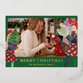 Feestelijke Meisjes Kerst Illustratie Geruite Foto Folie Feestdagenkaart (Voorkant)