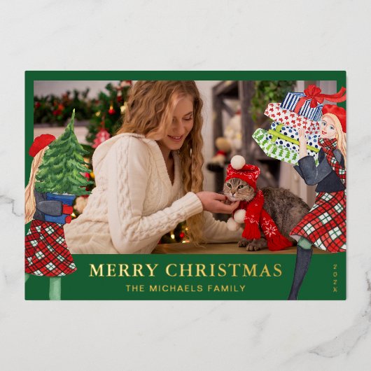 Feestelijke Meisjes Kerst Illustratie Geruite Foto Folie Feestdagenkaart (Voorkant)