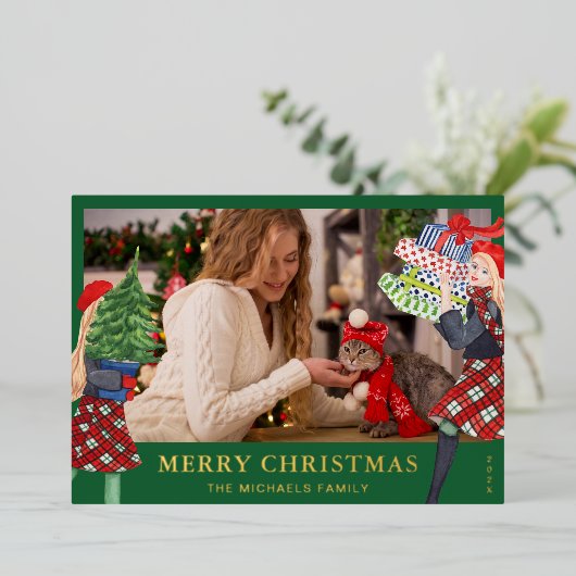 Feestelijke Meisjes Kerst Illustratie Geruite Foto Folie Feestdagenkaart (Staand Voorkant)