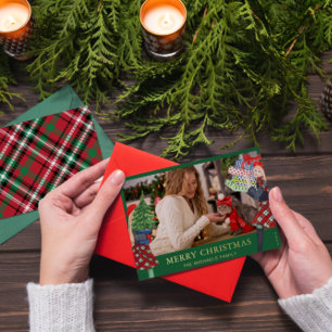 Feestelijke Meisjes Kerst Illustratie Geruite Foto Folie Feestdagenkaart