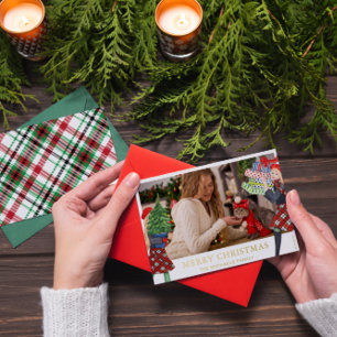 Feestelijke Meisjes Kerst Illustratie Geruite Foto Folie Feestdagenkaart