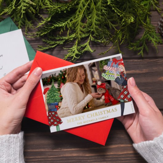 Feestelijke Meisjes Kerst Illustratie met Foto Folie Feestdagenkaart