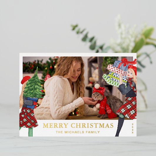 Feestelijke Meisjes Kerst Illustratie met Foto Folie Feestdagenkaart (Staand Voorkant)