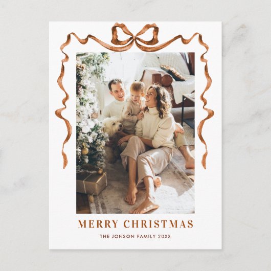 Feestelijke Merry Christmas Boho Bow Ribbon 2 Foto Briefkaart (Voorkant)