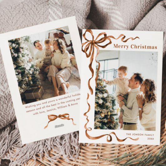 Feestelijke Merry Christmas Boho Bow Ribbon 2 Foto Feestdagenkaart