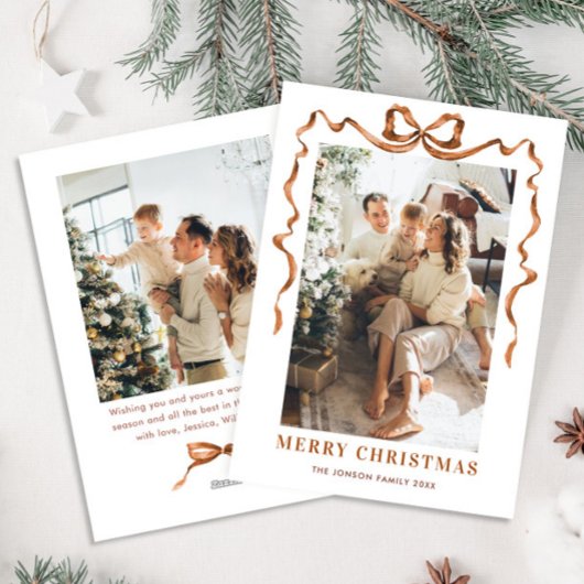 Feestelijke Merry Christmas Boho Bow Ribbon 2 Foto Feestdagenkaart