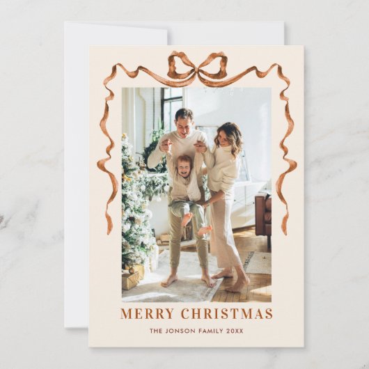 Feestelijke Merry Christmas Boho Bow Ribbon 2 Foto Feestdagenkaart (Voorkant)