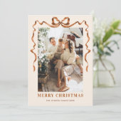 Feestelijke Merry Christmas Boho Bow Ribbon 3 Foto Feestdagenkaart (Staand voorkant)
