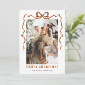 Feestelijke Merry Christmas Boho Bow Ribbon 3 Foto Feestdagenkaart (Staand voorkant)