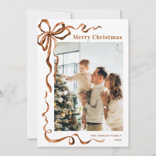 Feestelijke Merry Christmas Boho Bow Ribbon 3 Foto Feestdagenkaart (Voorkant)