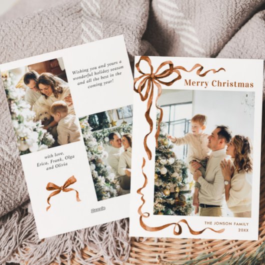 Feestelijke Merry Christmas Boho Bow Ribbon 3 Foto Feestdagenkaart