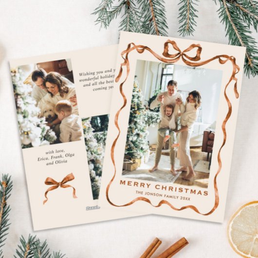 Feestelijke Merry Christmas Boho Bow Ribbon 3 Foto Feestdagenkaart