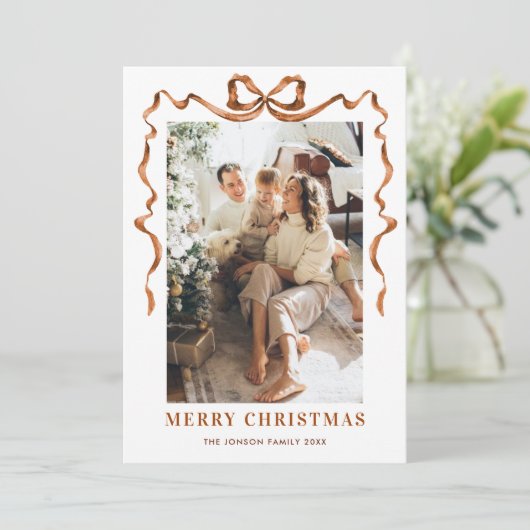 Feestelijke Merry Christmas Boho Bow Ribbon 5 Foto Feestdagenkaart (Staand voorkant)