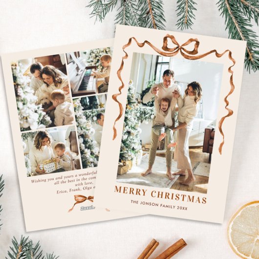 Feestelijke Merry Christmas Boho Bow Ribbon 5 Foto Feestdagenkaart