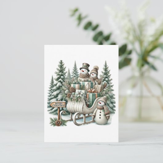 Feestelijke Merry Christmas Country sneeuwman slee Feestdagenkaart (Staand voorkant)