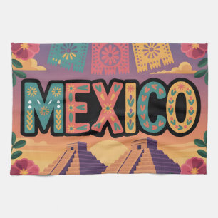 Feestelijke Mexicaanse illustratie met piramides Theedoek