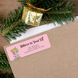 Feestelijke Minimal Christmas Hand Drawn Elf Pet Etiket<br><div class="desc">Dit grillige "Believe in your Elf"-adres Label toont mijn met de hand getekende mixed media-kerstelf op een roze achtergrond die een vleugje moderne nostalgische eigenzinnigheid uit het midden van de eeuw toevoegt. Originele kunst van Malissa Melrose.</div>