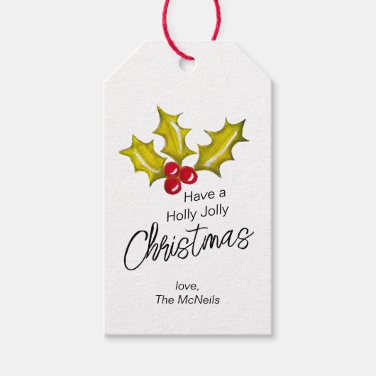 Feestelijke Minimal Holly Berries Whimsical Christ Cadeaulabel (Voorkant)