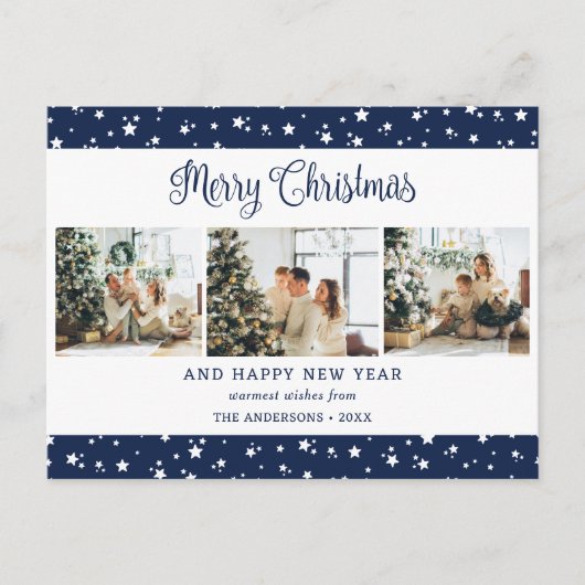 Feestelijke Modern Blue 3 Photo Collage Sterren Feestdagenkaart (Voorkant)
