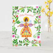 Feestelijke Moderne Folk Angel Spaanse Kerst Kaart (Gele Bloem)