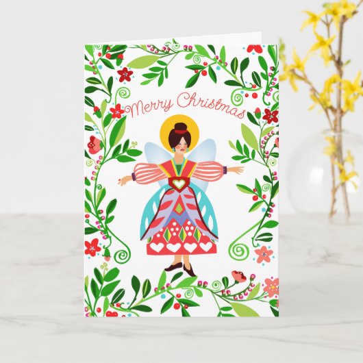 Feestelijke moderne folk engel kerst kaart (Gele Bloem)