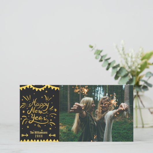 Feestelijke Moderne Gelukkig Nieuwjaar Zwart & Gou Feestdagenkaart (Staand voorkant)