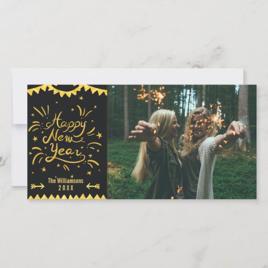 Feestelijke Moderne Gelukkig Nieuwjaar Zwart & Gou Feestdagenkaart (Voorkant)