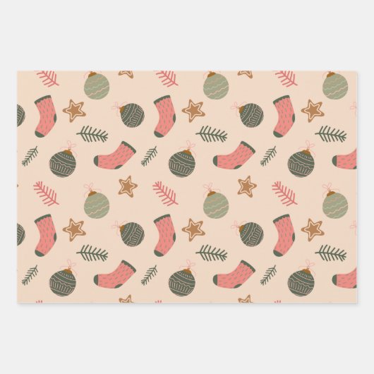 Feestelijke Moderne Kerst Sokken Patroon Set van 3 Inpakpapier Vel (Voorkant)