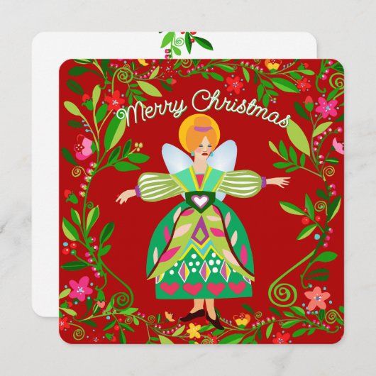 Feestelijke moderne roodharige folk engel flat feestdagenkaart (Voorkant / Achterkant)