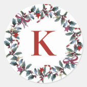Feestelijke Monogram Kerstkrans Greenery Ronde Sticker (Voorkant)